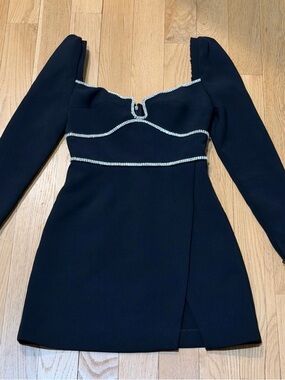 Self-Portrait Black Long-Sleeve Mini Dress with Rhinestone Trim